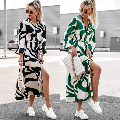 Printed casual pocket shirt dress女士印花休闲口袋衬衫连衣裙