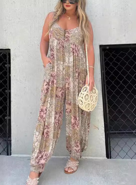 Loose printed high waisted jumpsuit宽松印花高腰连体裤女