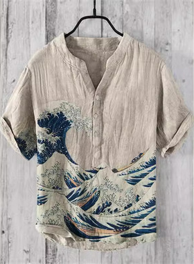 Printed stand up collar short sleeved shirt印花立领短袖衬衫