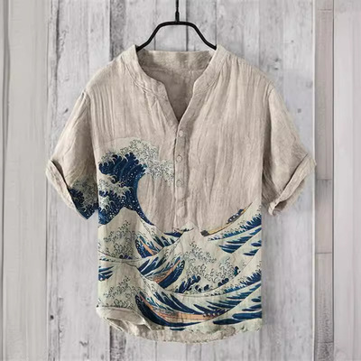 Printed stand up collar short sleeved shirt印花立领短袖衬衫