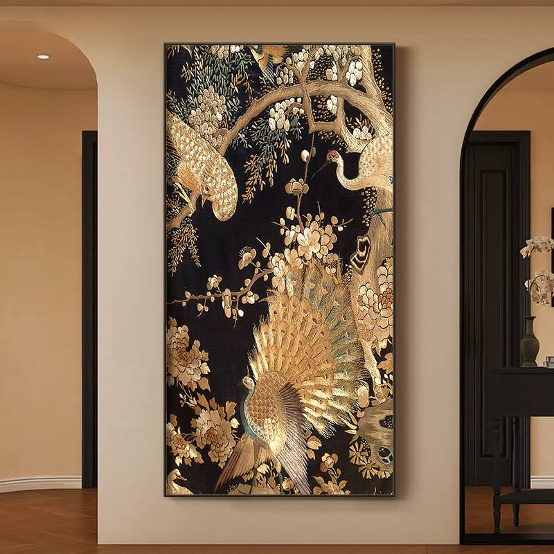 南洋复古风孔雀玄关装饰画花鸟走廊过道挂画客厅入户竖版带灯壁画图片