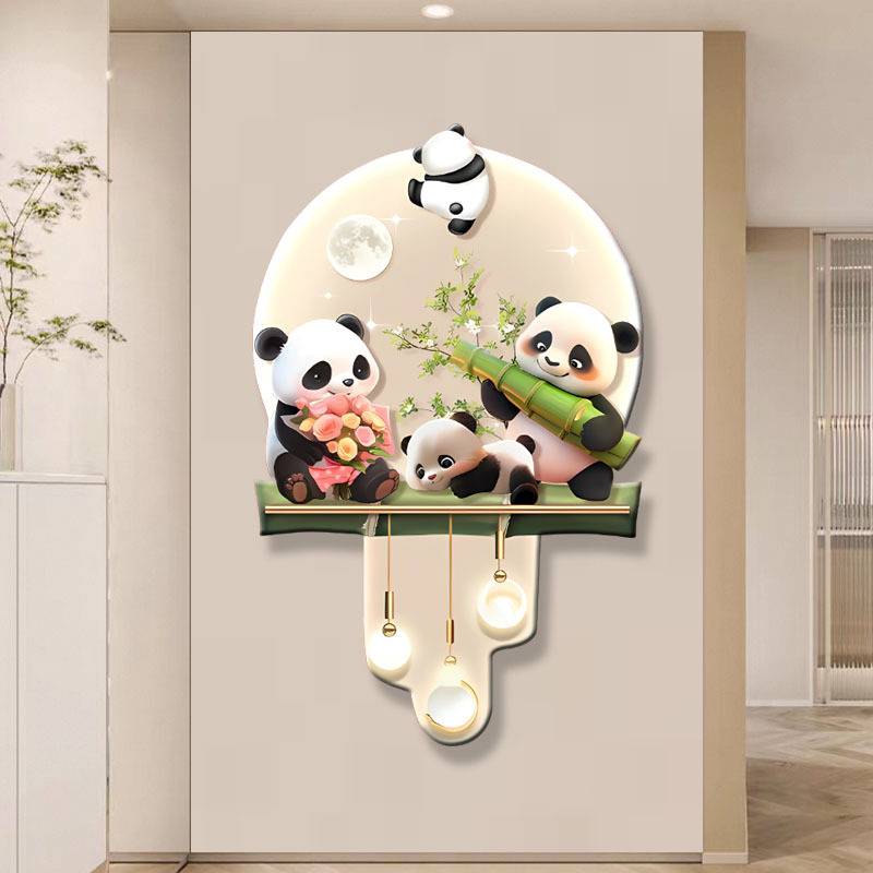 D218奶油风玄关装饰画创意熊猫高档入户走廊过道挂画温馨装饰挂画图片