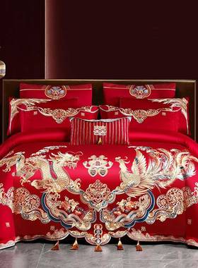 中式100SF77H8H6H高结婚庆四套大红色档龙凤刺件绣长绒棉纯棉陪嫁