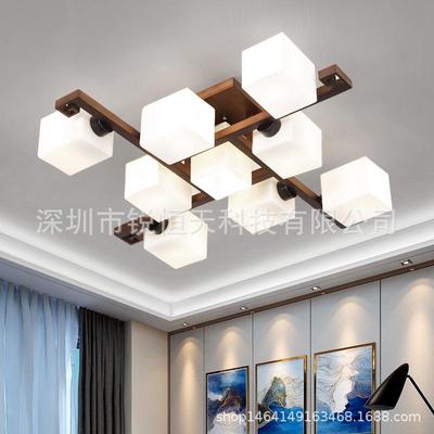 新式简约卧室吸顶个性意大气创中式实木灯胡桃75602木色玻璃中客