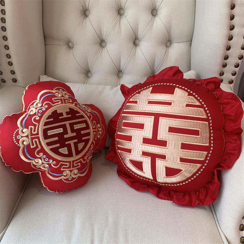V45O大红婚庆小抱枕6圆0支长YIT绒棉床形子孙枕贵妃枕纯刺绣结婚