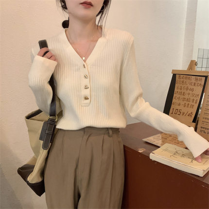 v领打底衫女秋冬2025新款秋装高级感法式修身内搭毛衣针织衫上衣