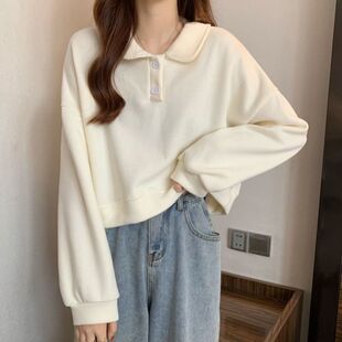 春秋Polo领长袖卫衣女小个子短款oversize设计感美式复古无帽上衣
