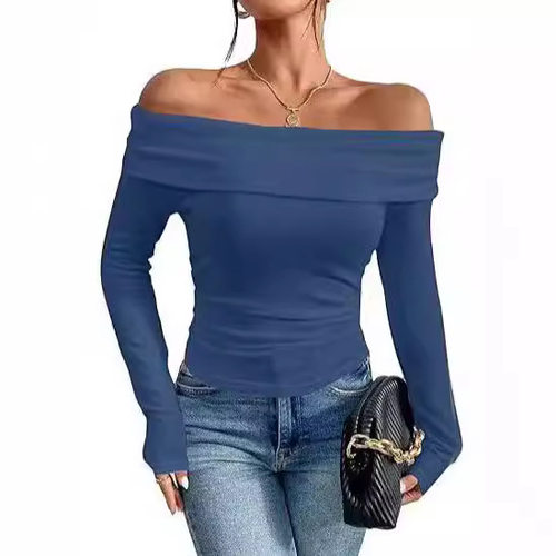 Solid color one shoulder women's topT-shirt纯色一字肩上衣T恤