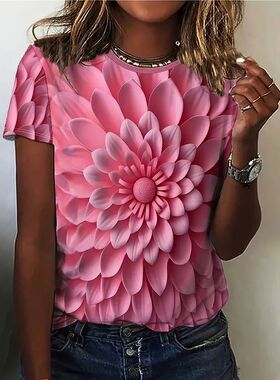 Round neck printed loose casual top 女士圆领印花宽松休闲上衣