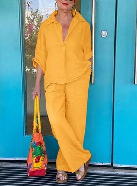 Collar solid color shirt wide leg pants set 纯色衬衫长裤套装