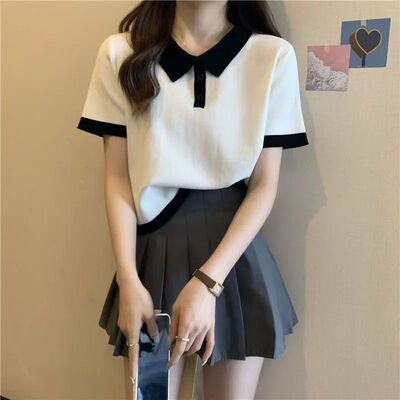 Collar color blocked slim fit top for women 翻领拼色修身上衣