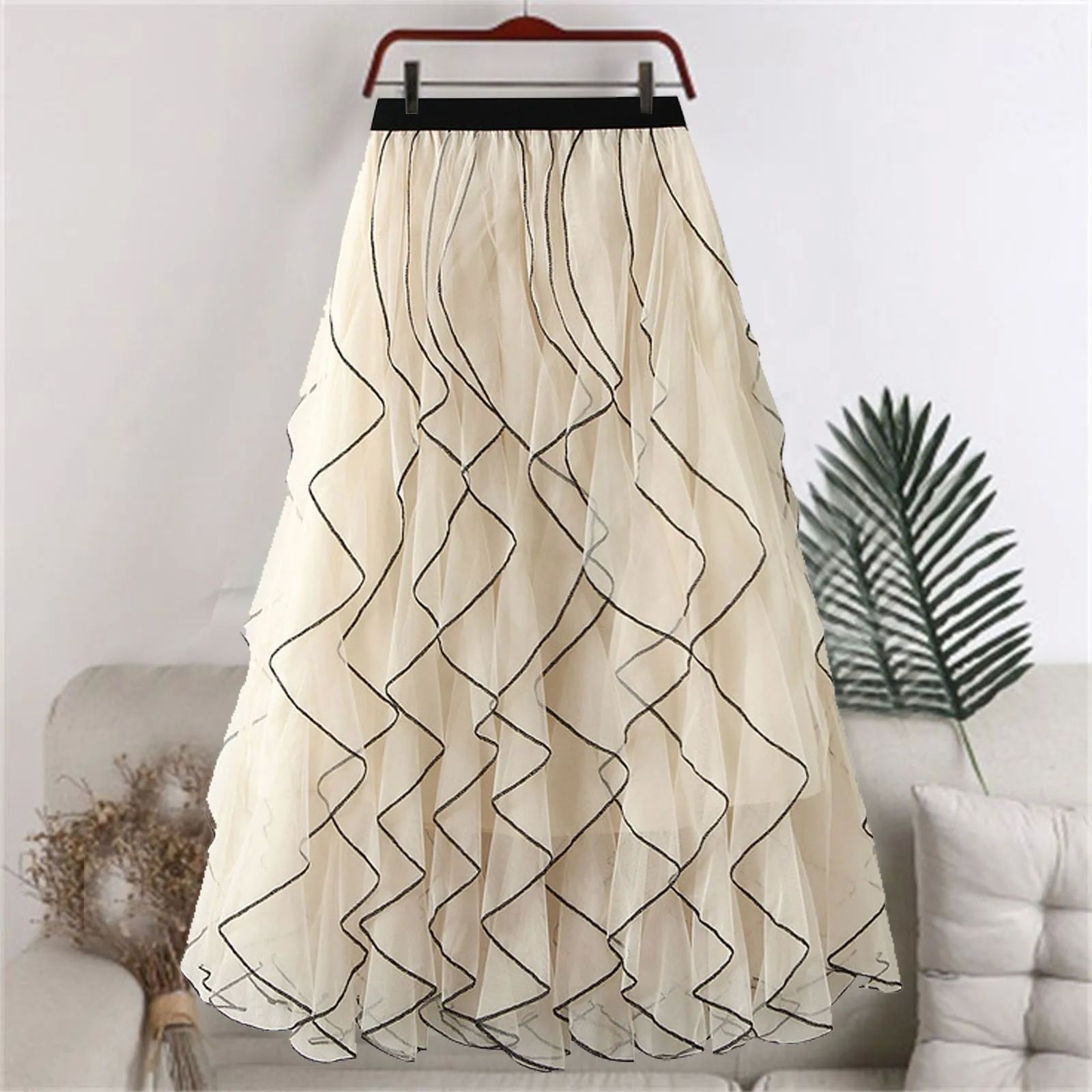 Wave patterned mesh ruffled long skirt波浪纹网纱荷叶边长裙女