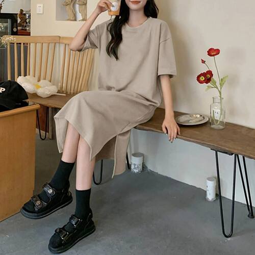 Solid color mid length slit T-shirt skirt纯色中长款开叉t恤裙