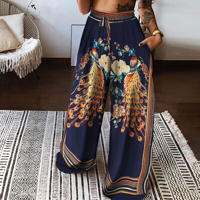 High waisted printed casual wide leg pants高腰印花休闲阔腿裤