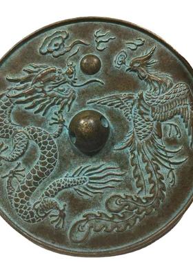 复古结婚铜镜新娘压腰镜龙凤铜镜婚庆圆镜子家居摆件直径9.9厘米