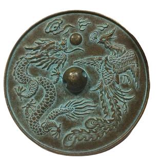 复古结婚铜镜新娘压腰镜龙凤铜镜婚庆圆镜子家居摆件直径9.9厘米