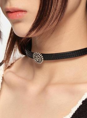 十字花爱心复古颈环项链项圈时尚百搭牛皮颈链锁骨链饰品女