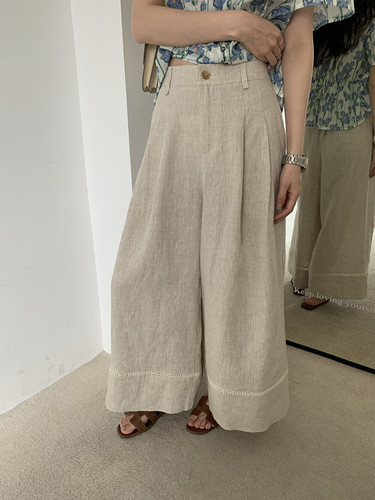 米鹿miluroom韩系正品百搭显瘦高腰亚麻阔腿裤女休闲裤舒适25083