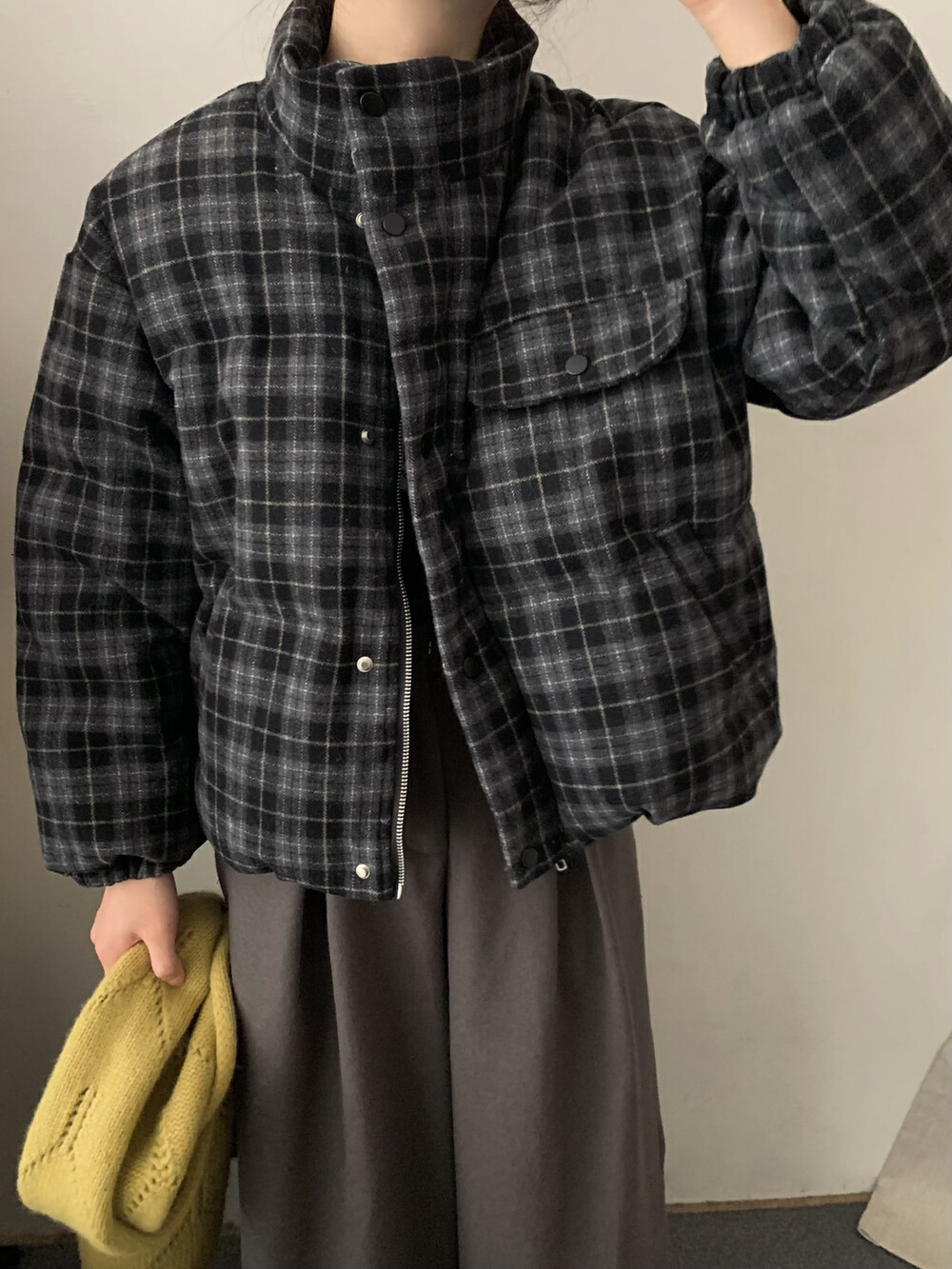 sevenm韩版复古美拉德咖羊毛格纹简约休闲90白鸭绒羽绒服女80979