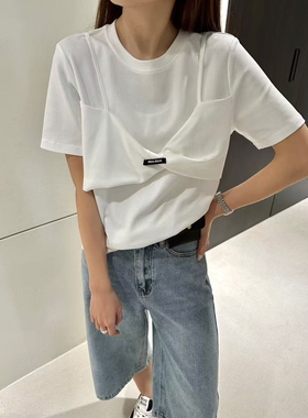 东大门韩版正品77002小个子百搭显瘦花朵刺绣假二件短袖T恤女