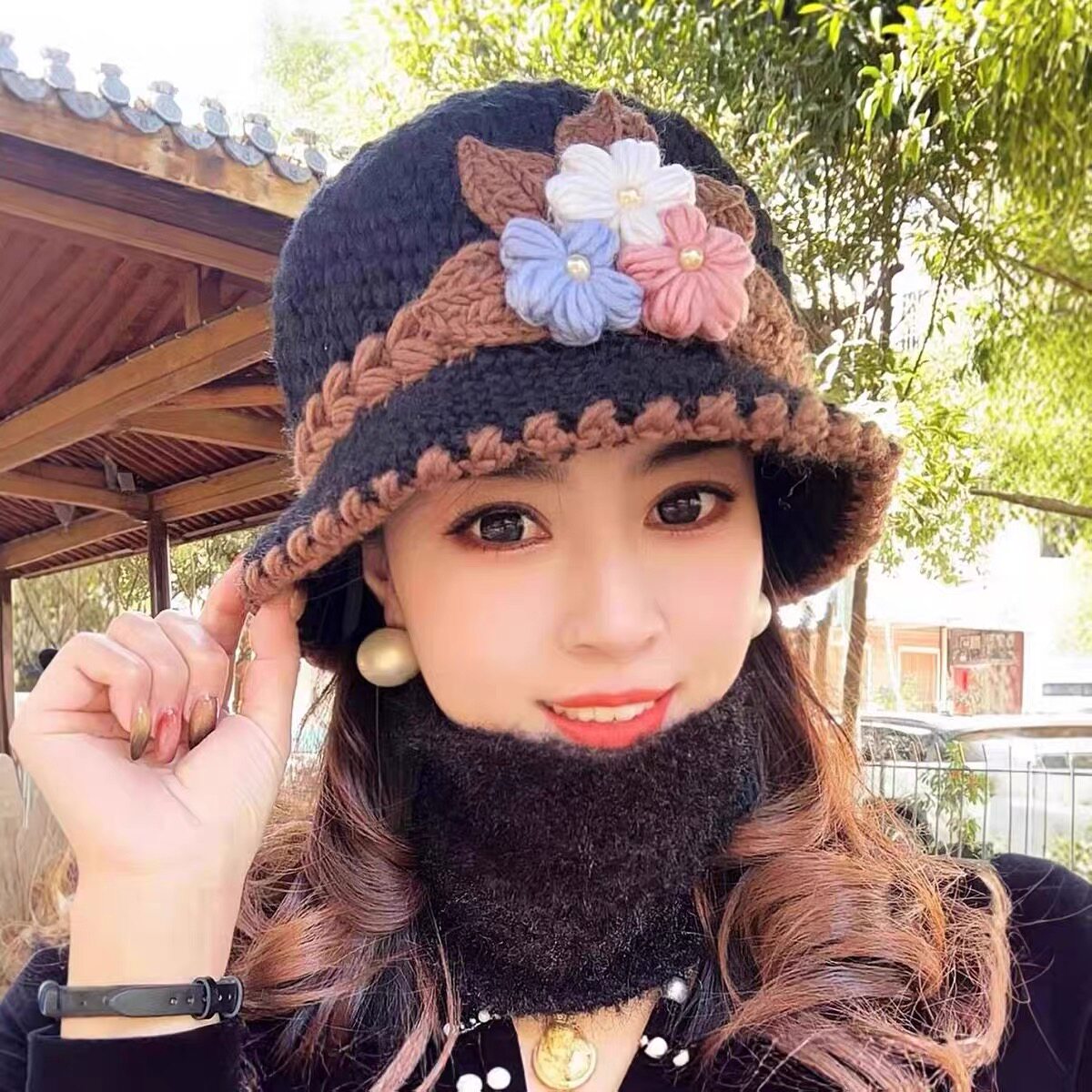 中老年女冬季加绒保暖针织棉帽