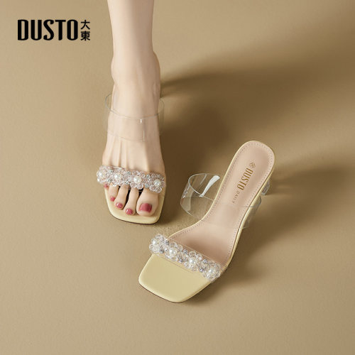 DUSTO大东优雅粗跟方头凉拖