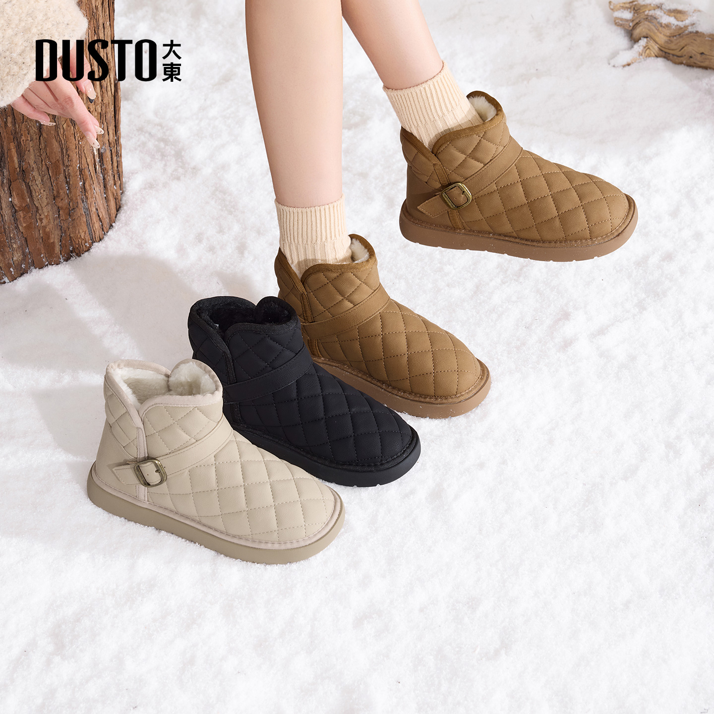 大东女鞋雪地靴圆头平底加绒保暖