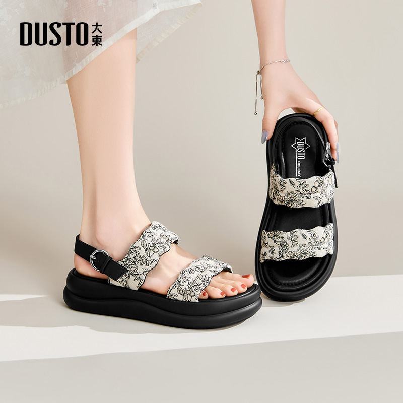 DUSTO大东休闲中跟圆头女凉鞋女