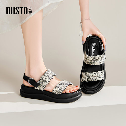 DUSTO大东休闲中跟圆头女凉鞋女