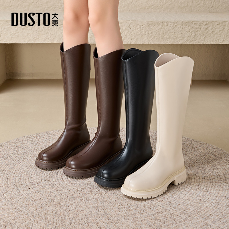 大东粗跟骑士靴圆头中跟长筒靴