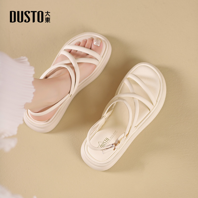 大东凉鞋女2025夏季新款休闲时尚厚底仙女交叉绑带一字扣细带女鞋