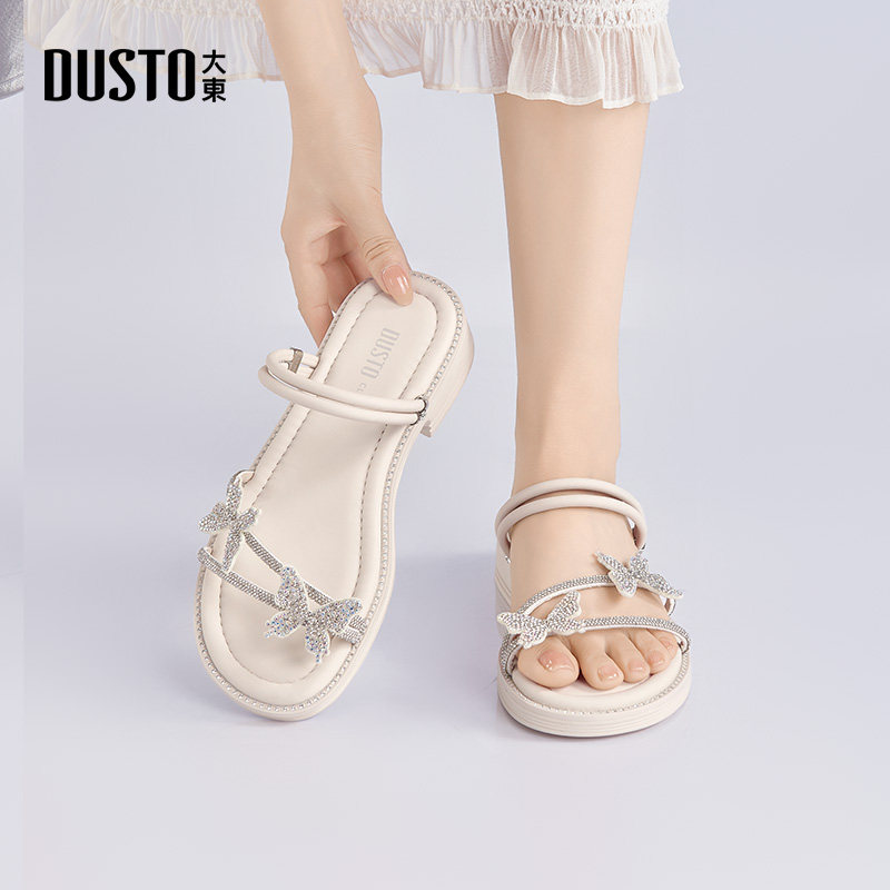 大东女拖鞋2025夏季新款时尚优雅方跟低跟两穿蝴蝶水钻女凉拖鞋,女鞋,一字拖,淘宝优惠券,粉丝福利购,淘宝优惠卷