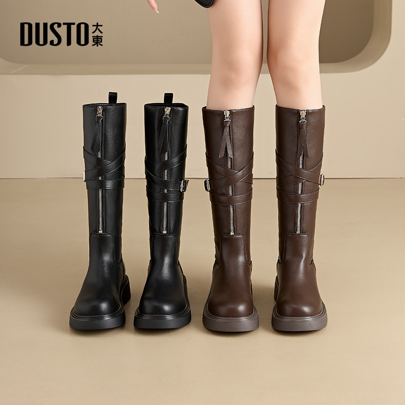 大东女靴英伦显瘦骑士靴圆头粗跟