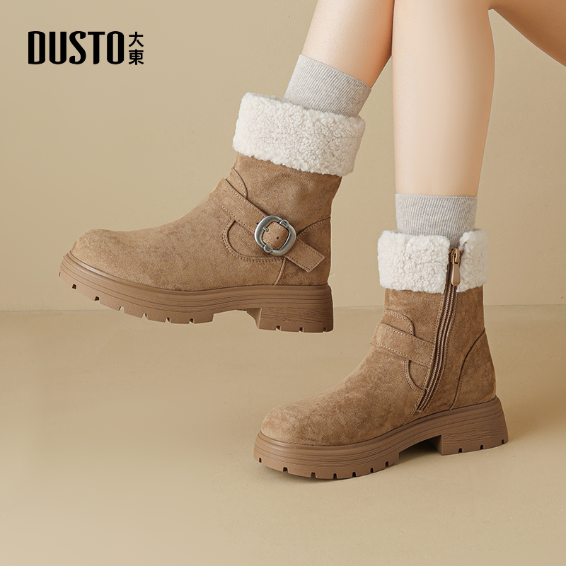 大东雪地靴女短靴加绒平底靴中帮