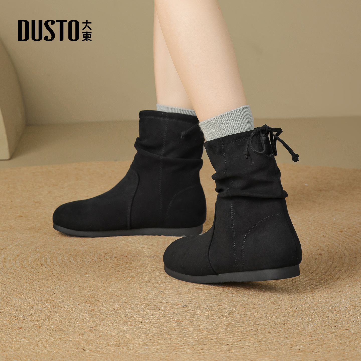 大东女靴短靴圆头复古绒面堆堆靴