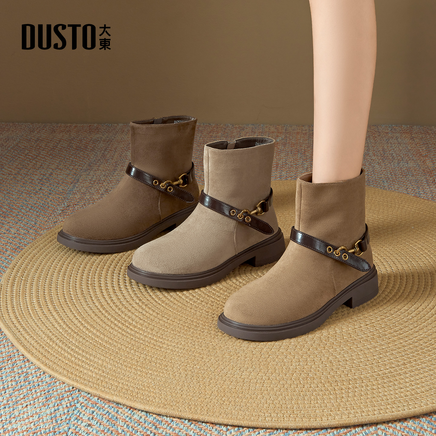 大东女鞋中筒靴复古绒面平底女靴