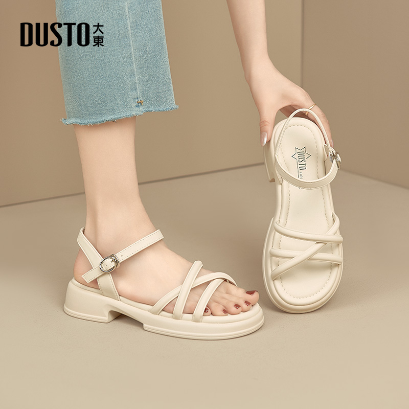 DUSTO大东粗跟PU休闲女凉鞋