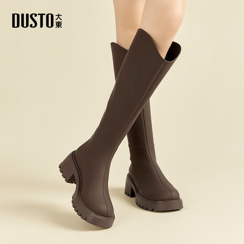 大东女鞋长筒靴2025冬季新款粗跟高跟套脚瘦瘦靴百搭圆头高筒女靴
