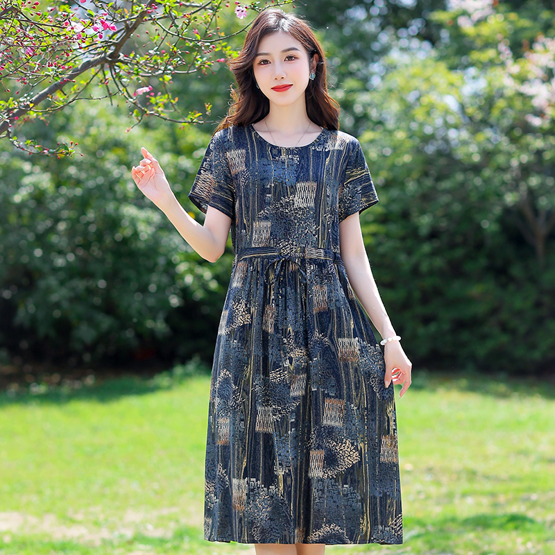 妈妈装气质新款连衣裙休闲短袖中老年大码女装中长款棉绸夏季裙子
