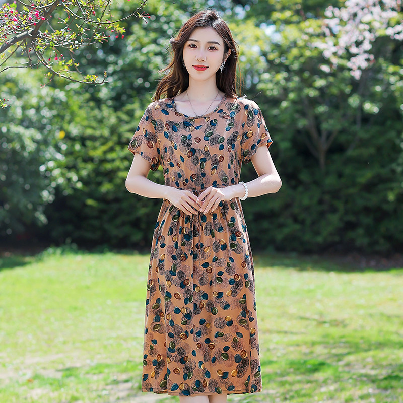 妈妈棉绸裙子中年女装夏装气质棉绸中老年短袖大码时尚洋气连衣裙
