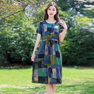 棉绸连衣裙中长款 大码 40岁50中年女夏装 时尚 裙子 妈妈装 中老年女装