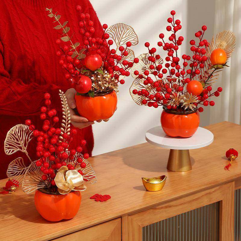 新年新居乔迁之喜柿子装饰摆件插花仿真花过年客厅布置用品抱抱桶,节庆用品/礼品,节日装扮用品,淘宝优惠券,粉丝福利购,淘宝优惠卷