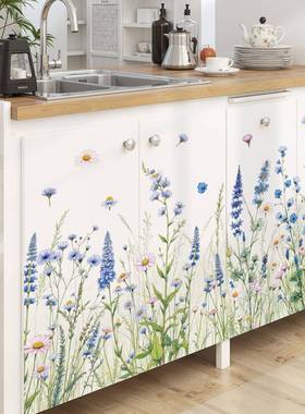 蓝色花朵踢脚线墙面装饰贴画清新植物背景墙可移除墙贴纸 69138