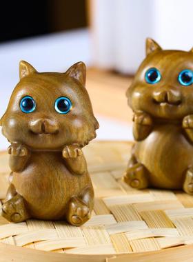 绿檀木可爱小猫文玩摆件 家居书桌办公室墙壁柜子 雕刻动物手把件