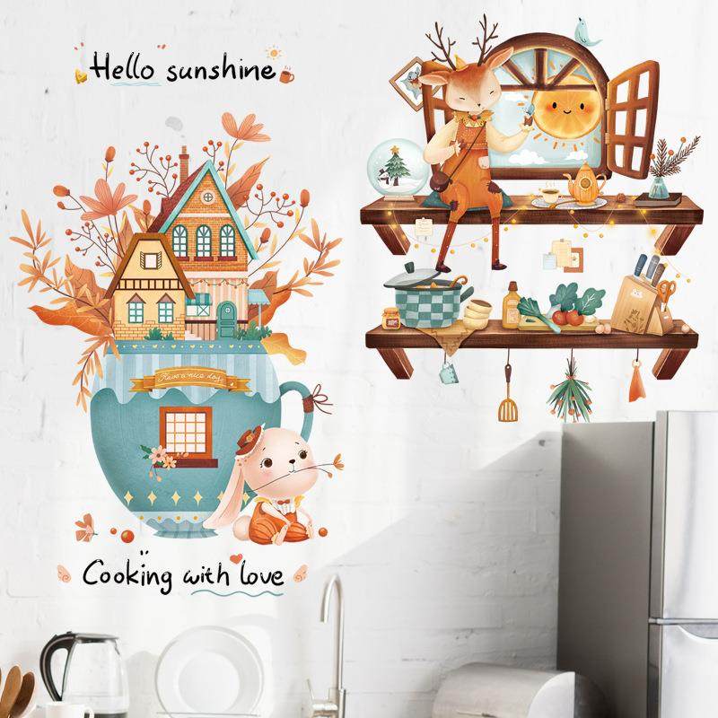 卡通动物梅花鹿贴画厨房小物贴纸儿童房装饰墙贴叶子植物贴画