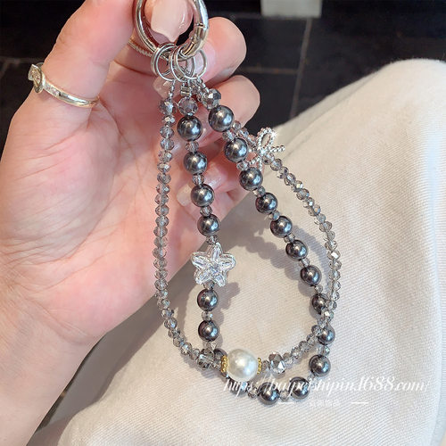 日本品质高级感满钻圆珠双链手工串珠手机挂绳 珍珠水晶女款包包