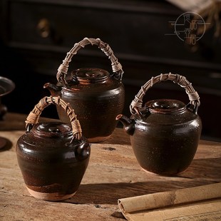 【慕古老罐壶】老k白泥柴烧藤编提把煮茶壶提梁家用烧水手拉胚茶