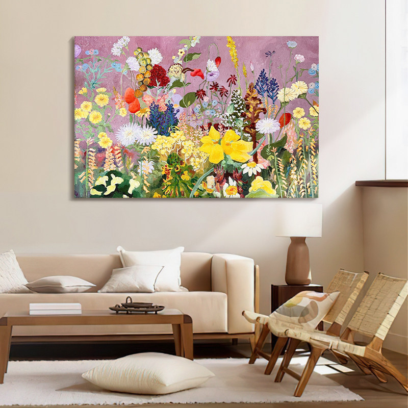 多巴胺色彩花卉手绘油画盛开花朵小众艺术装饰画横幅客厅肌理挂画