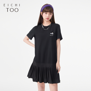 连衣裙 短袖 爱居兔夏季 拼接设计感纯黑色时尚