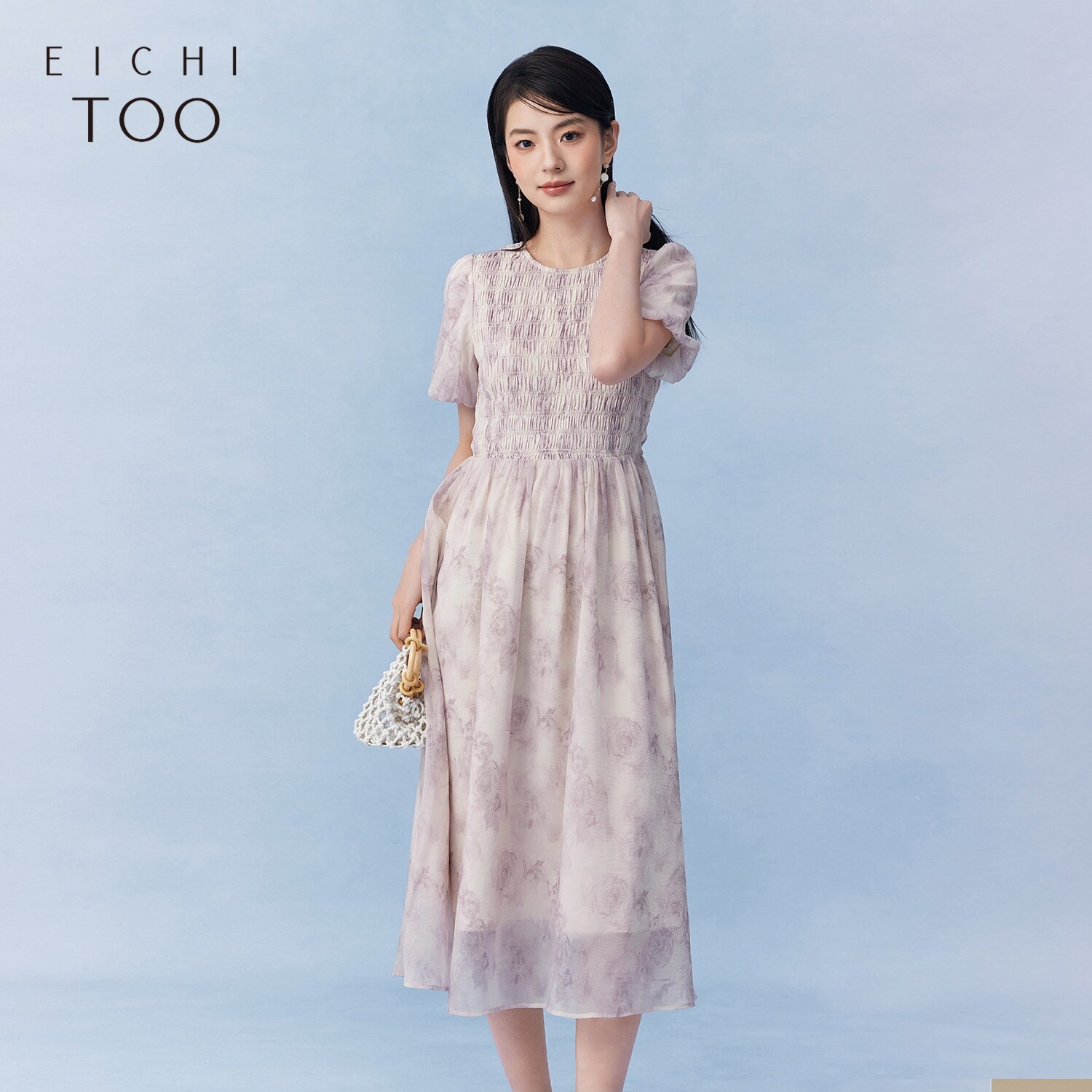 爱居兔夏季时尚印花抽褶收腰设计感短袖连衣裙 - 爱居兔官方奥莱旗舰店出品